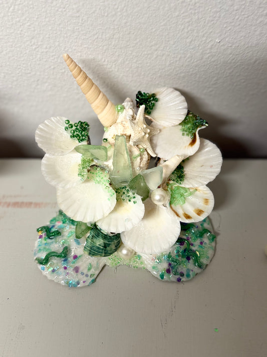 Ocean-Inspired Shell Art Decor | Handmade Mermaid Centerpiece with Crystals, Pearls & Resin