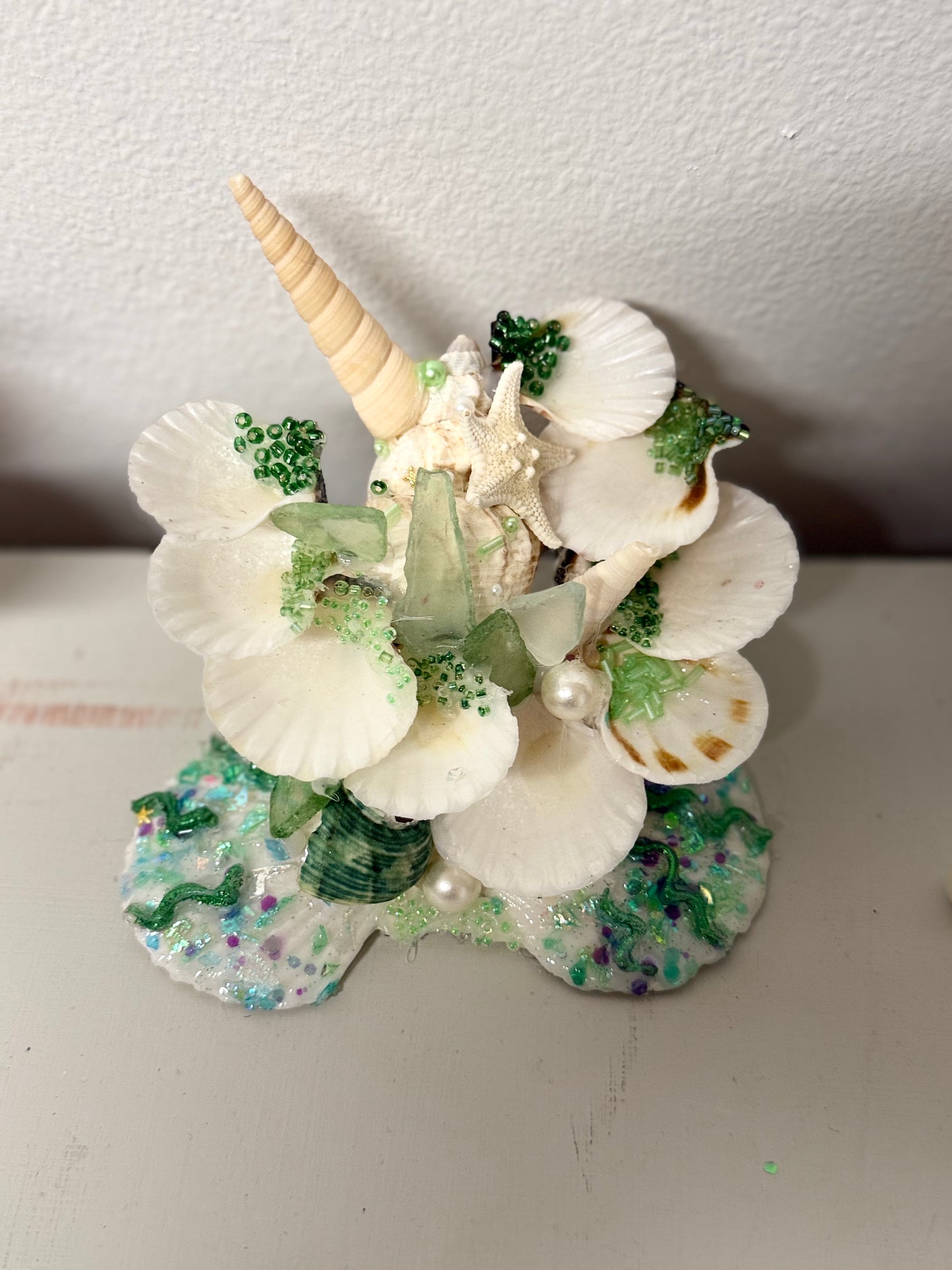 Ocean-Inspired Shell Art Decor | Handmade Mermaid Centerpiece with Crystals, Pearls & Resin
